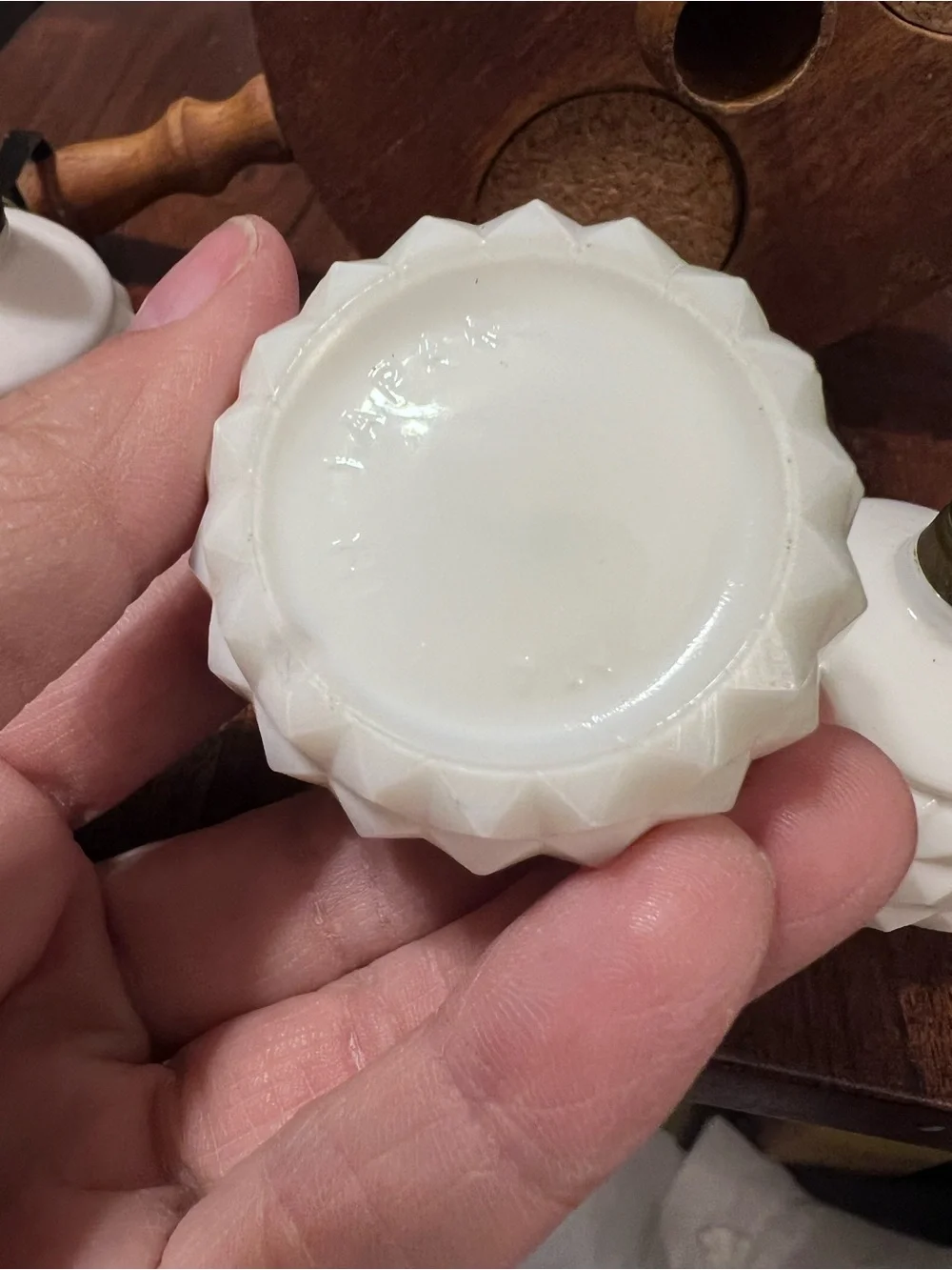 Vintage Made in Japan Milk Glass Condiment Set Wood Caddy MCM